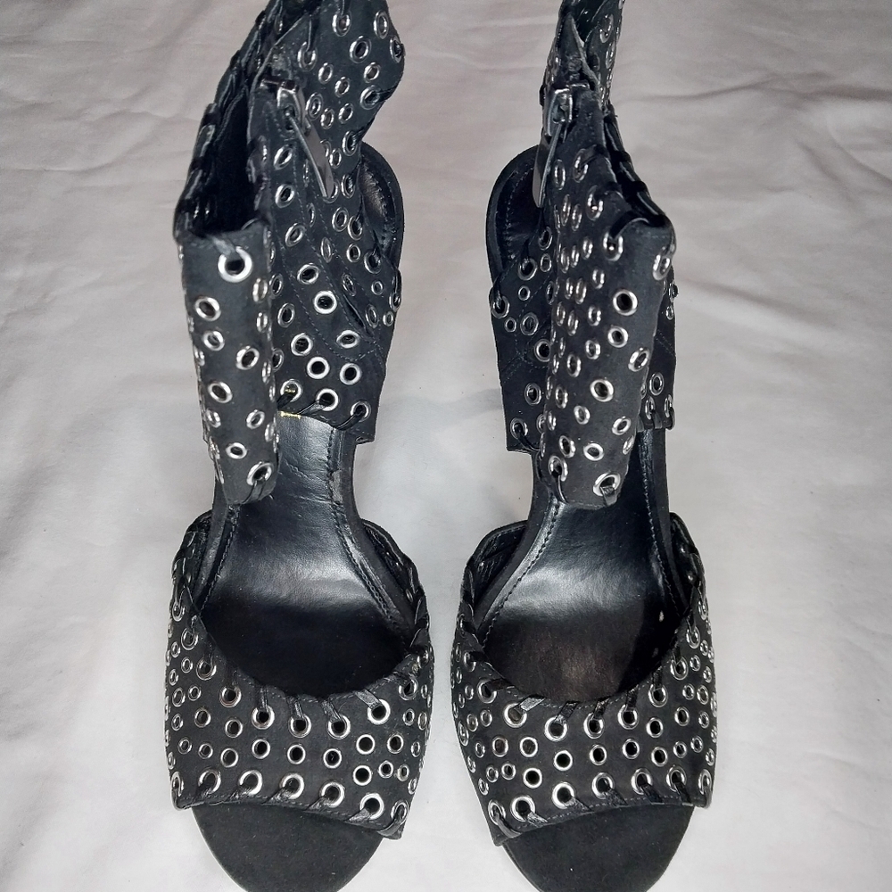 Enzo Angiolini Branon Black Peep-Toe Silver Grommet Stiletto Heels